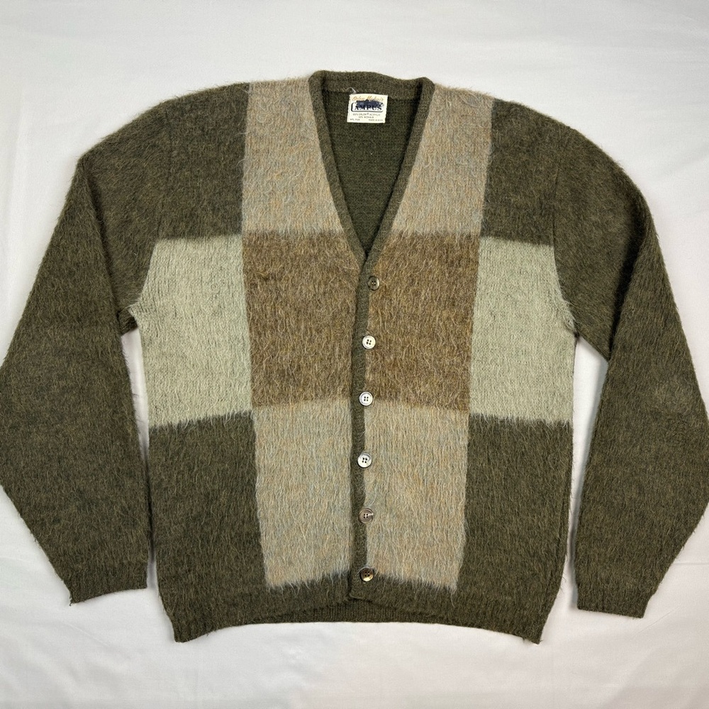 Vtg 50s 60s Campus Orlon Mohair Cardigan Sweater Sz Medium Olive Green/Beige